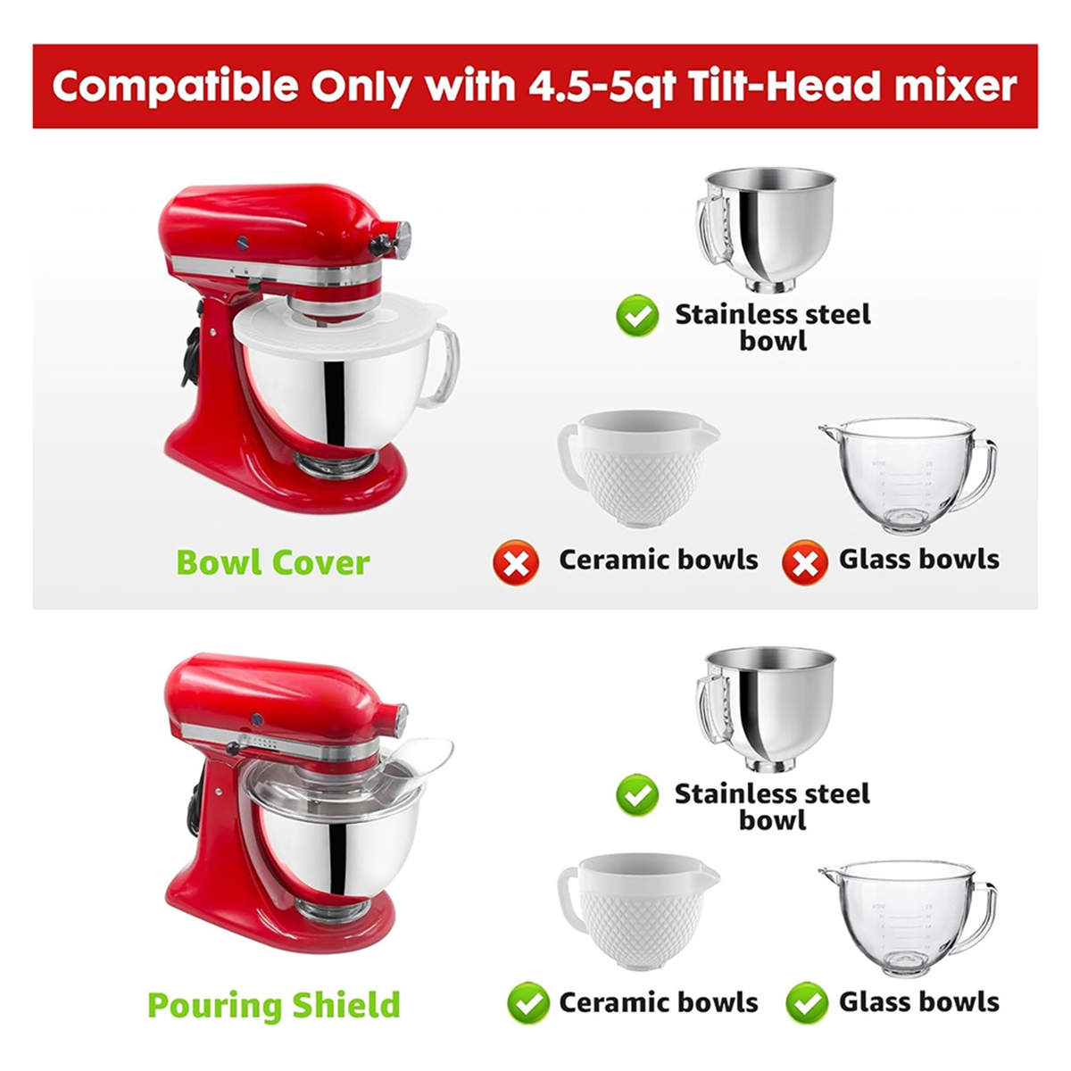 ใหม่ล่าสุดสําหรับ KitchenAid 4.5-5 Quart Tilt-Head Stand เครื่องผสม, Secure Pouring Shield & เครื่องผสมชามครอบคลุม Mixer Splatter Guard ฝาปิด