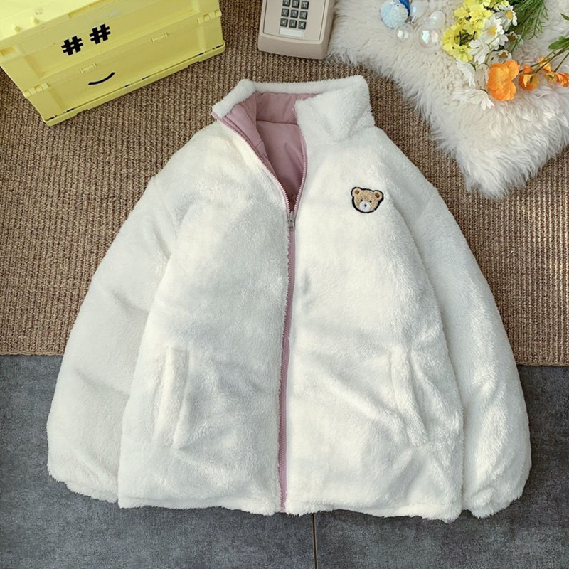 Parka brodée mignonne pour femme, veste chaude, conception double face, vêtements roses pour étudiants, mode coréenne, optique, hiver