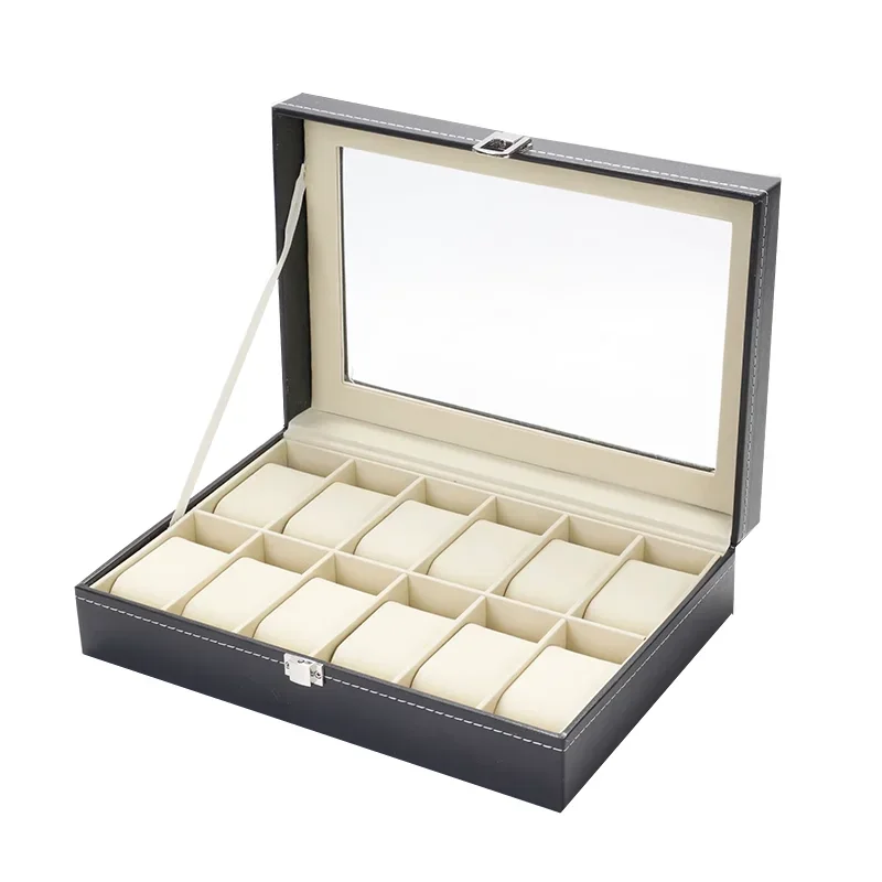 Uhrenvitrine-Organizer aus Leder im klassischen Stil – Schmuckaufbewahrungsbox mit Glasplatte für Herren – mehrere Schlitze erhältlich