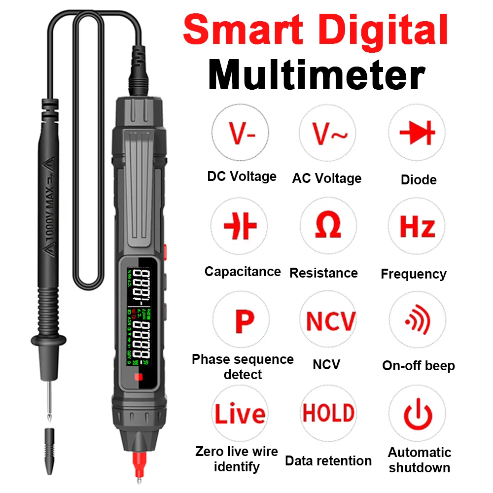 Multímetro Digital inteligente, bolígrafo Detector de voltaje de alta precisión sin contacto, 6000 recuentos, rango automático, capacitancia, probador NCV OHm