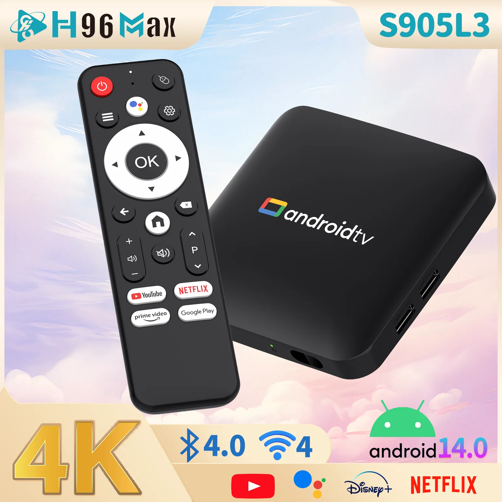 H96 Max S905 L3 Android14.0 TV Box 4K decodificación WiFi2.4G/5G y BT4.0 servicio de transmisión compatible con asistente de voz de Google TV Box Android