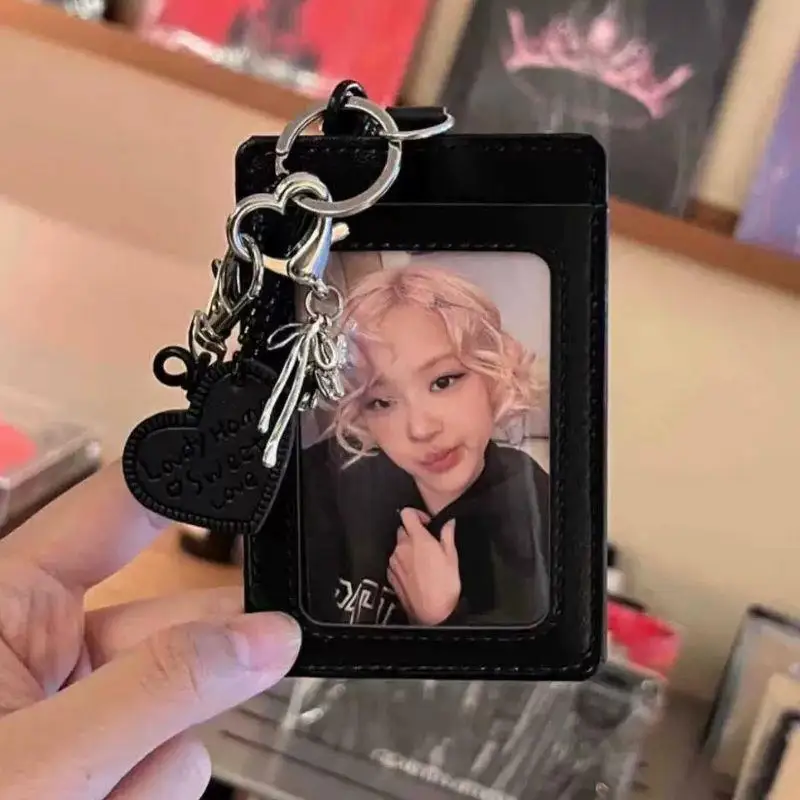 Black PU Leather Silver Cat Bow Pendant Photo Card Holder Student Campus Card ID Card Holder Campus Card Holder Keychain