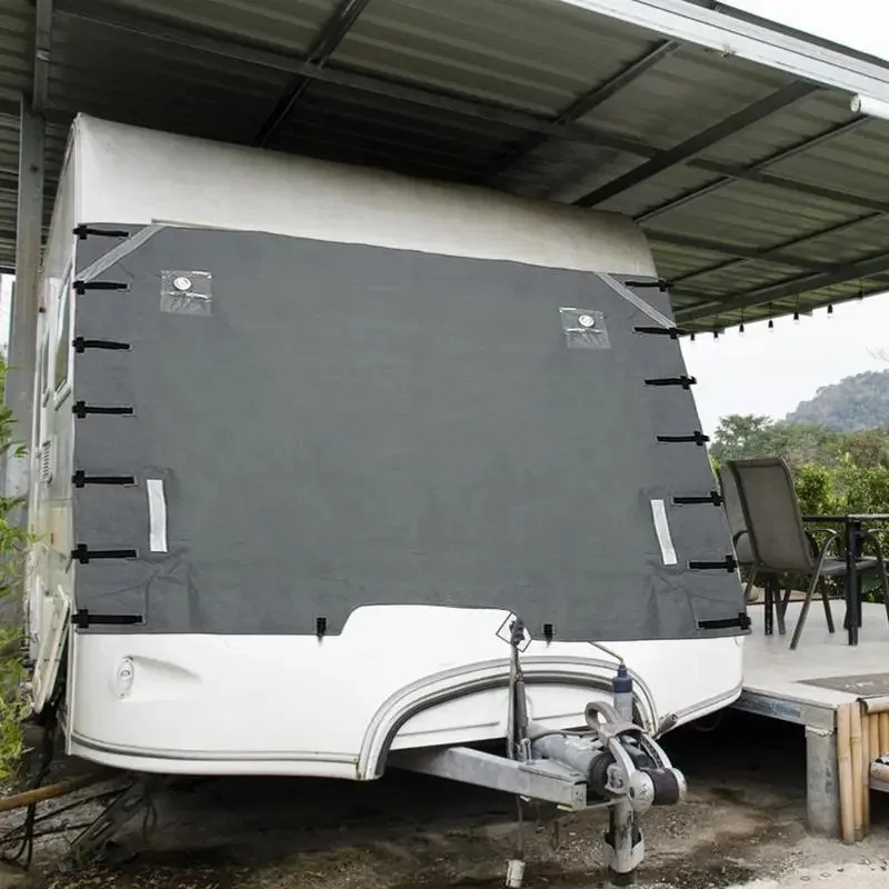 ユニバーサル防水オックスフォードRVキャラバンフロント牽引カバー、防塵プロテクター、反射ストリップ、キャンピングカートレーラー