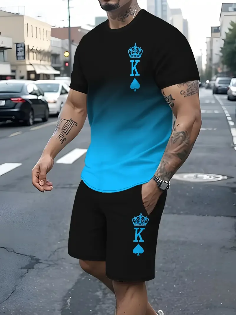 Das neueste Set aus T-Shirt und Shorts mit 3D-Farbverlauf für Herren, kurzärmeliges O-Ausschnitt-Oberteil, lässiges und modisches Skateboard-Sportbekleidungsset