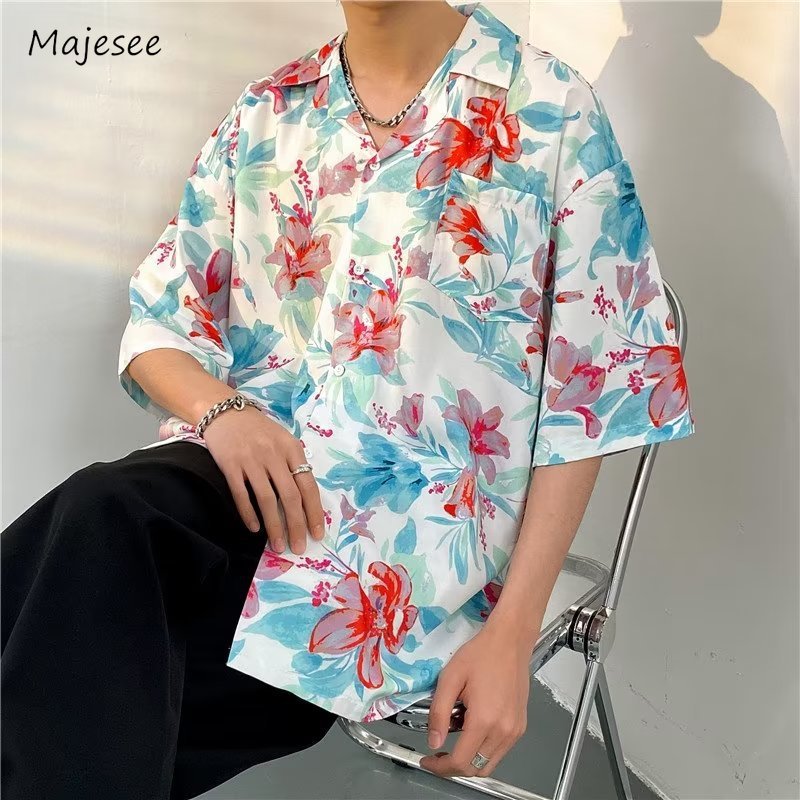 Camisas hawaianas para hombre, transpirables avanzadas, a la moda, de media manga, florales, con bolsillo de calle, estilo coreano, Hipster masculino guapo