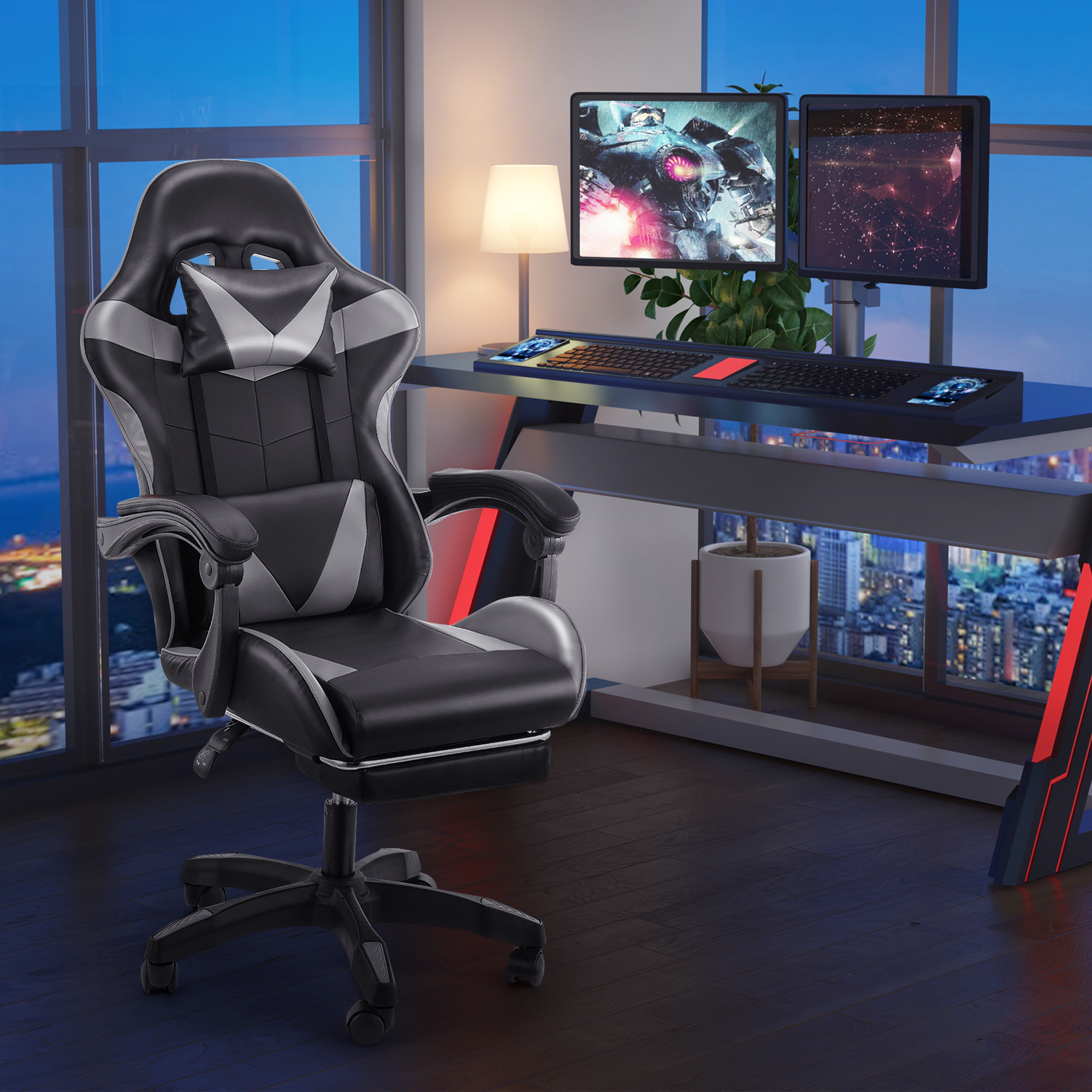 Bürostuhl Gaming Stuhl Massage Gaming Sessel Ergonomischer Gamer Stuhl mit Fußstütze, Kopfstütze Massage-Lendenkissen, Gepolstert Gaming Chair, Drehsessel
