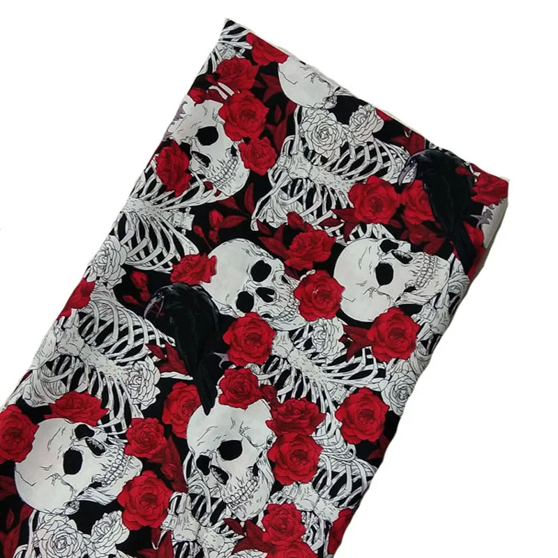 ViapHia 100 % Baumwolle, Halloween-Geist-Skelett, Blumenschädel-Serie, bedruckter Baumwollstoff, Nähtuch, Kleid, Textilgewebe