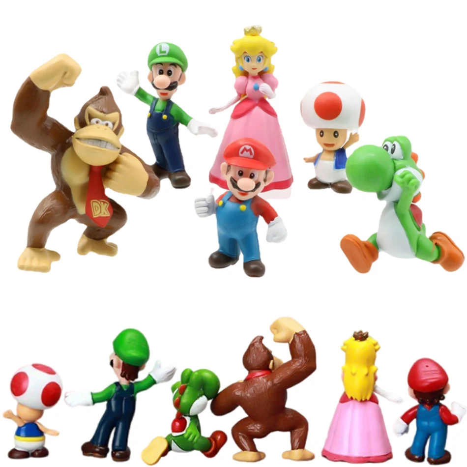 6 ชิ้น/เซ็ต 4-7 ซม.Super Mario Bros PVC Action Figure ของเล่นตุ๊กตาชุด Luigi Yoshi Donkey Kong เห็ดสําหรับเด็กของขวัญวันเกิด