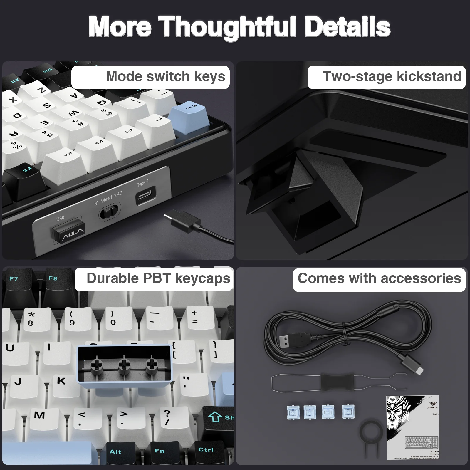 AULA-F99 Teclado mecânico para jogos, teclados personalizáveis, 5.0 2.4G, sem fio, com fio, montado na junta, 99 Keys