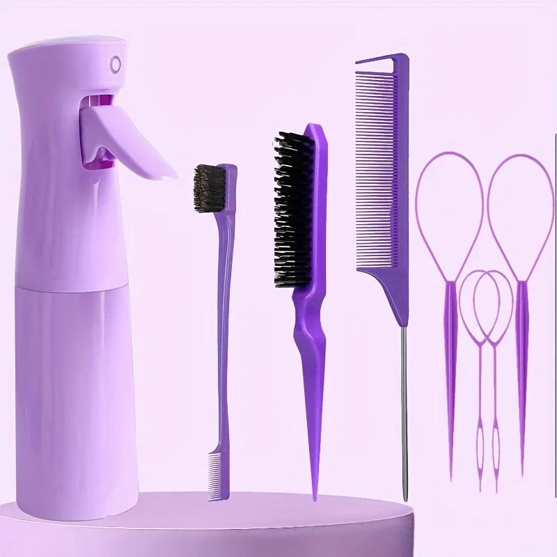 Ensemble de coiffure 8 pièces, flacon pulvérisateur de 6,76 oz et brosse à cheveux en nylon, peigne à queue de souris, brosse à cheveux de contrôle des bords et outil de queue de cheveux