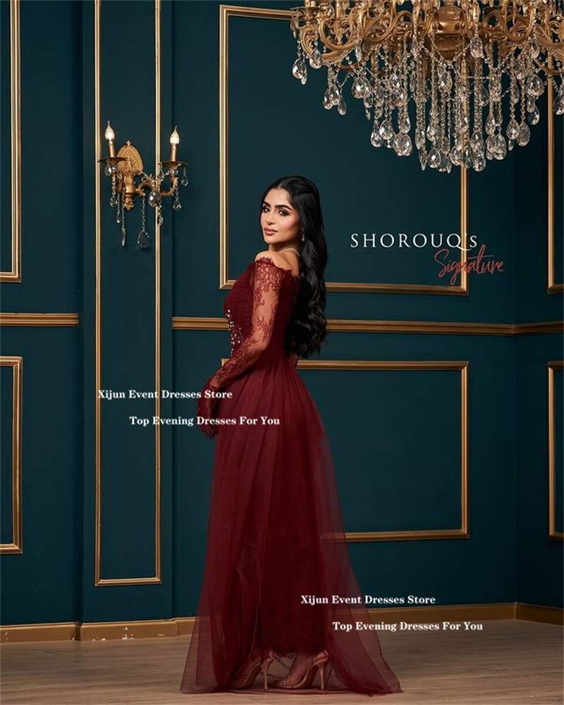 Xijun-Robe de Soirée de Forme Sirène en Dentelle Bordeaux, Tenue de Bal Formelle de Dubaï, à Plis, Personnalisée