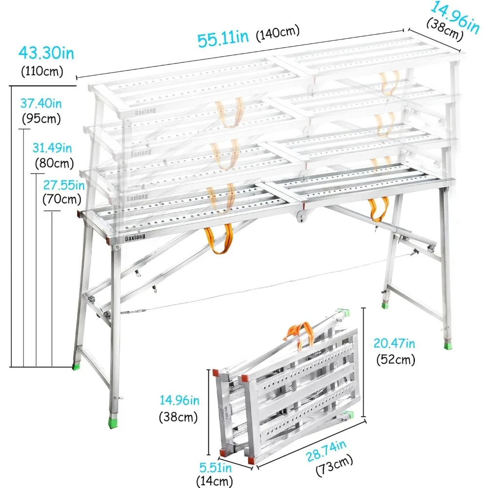 Daxiang Portable Scaffolding Platform 55(L) x15(W) x27-43(H)'' Work Platform Adjustable Height Steel 600 LBS Load Capacity Foldi
