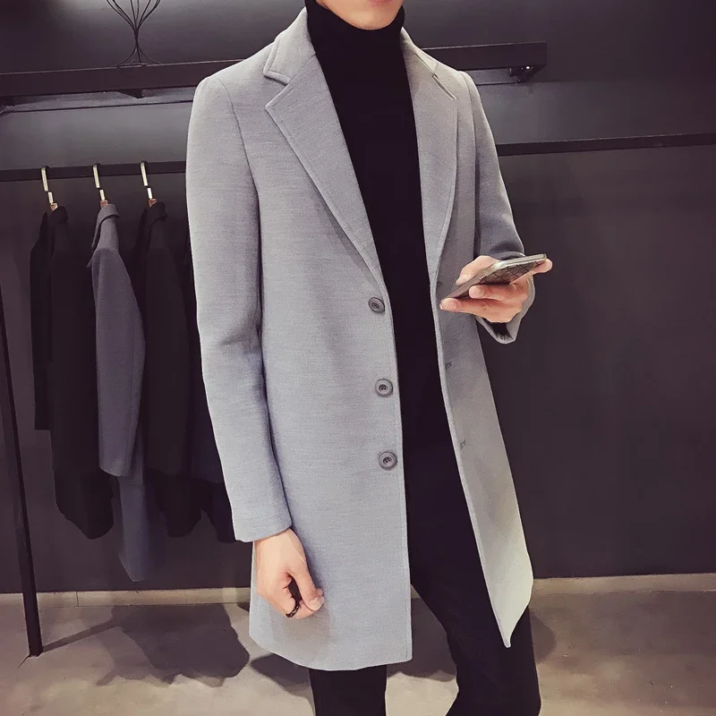 Abrigo largo de algodón para hombre, chaqueta cortavientos ajustada de mezcla de lana, Color puro, informal, moda de negocios, otoño e invierno, 2024
