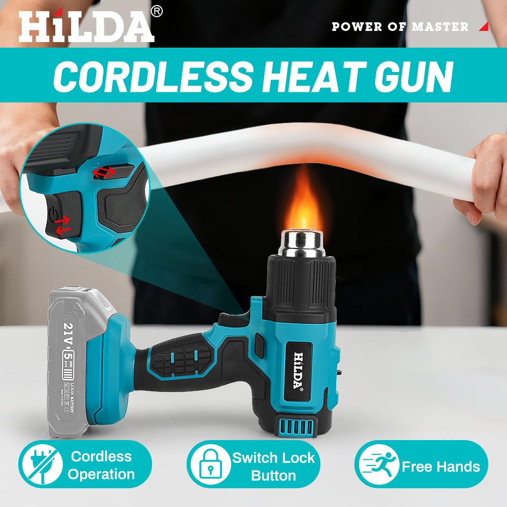 HILDA 21V Handheld Hot Air Gun Temperature Rechargeable Cordless for Makita Battery Electric Heat Gun with Nozzles