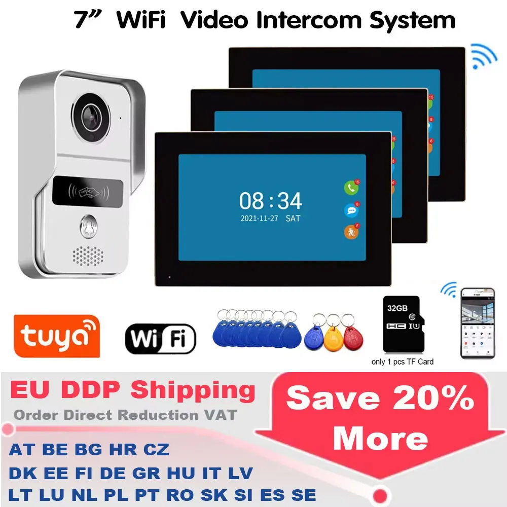 HD 7-inch LCD-monitor WiFi Tuya Video Deurbel Buitendeurbel Waterdichte deurtelefoon IP65 RFID Ontgrendel intercom EU DDP-verzending