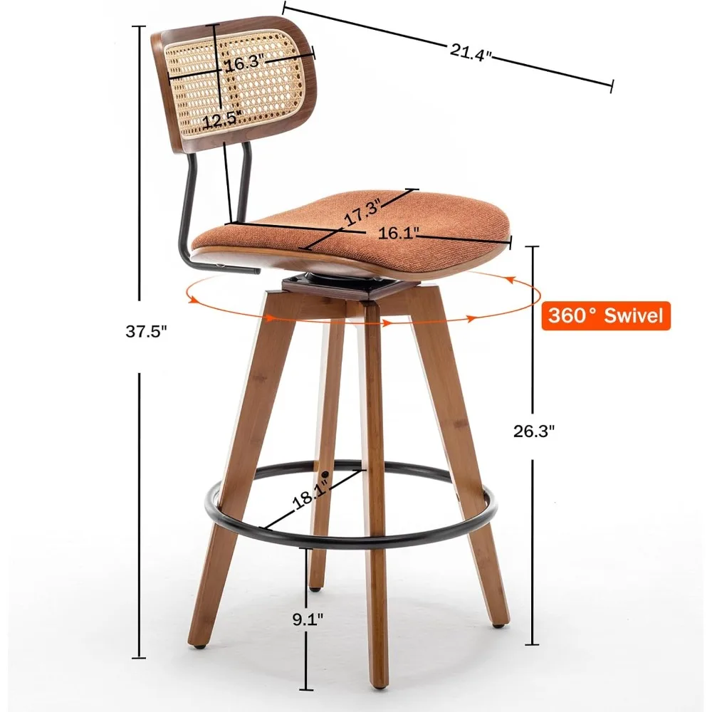 26" Rattan Bar Stools Set of 2 Linen Fabric Counter Height Swivel Barstools with Rattan Backrest and Wooden Legs,Armless Mid Cen