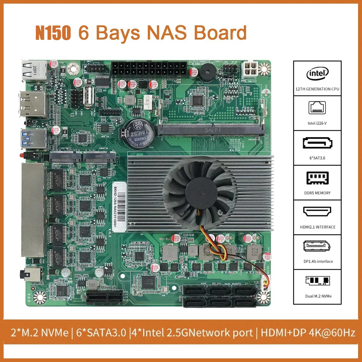 N150/i3-N305 NAS Board DDR5 Motherboard 4x Intel i226-V 2.5G 2* M.2 NVMe 6* SATA3.0 HDMI2.0 DP Mini ITX board With PCIE 17X17CM