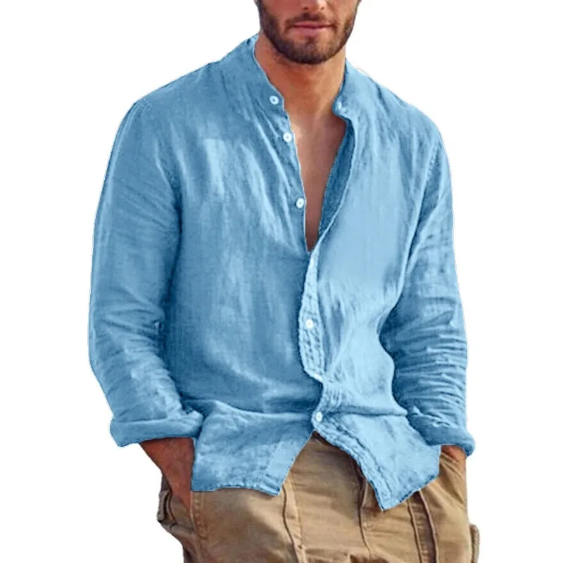 Camicia a maniche lunghe da uomo in lino tinta unita camicie tendenza colletto alla coreana top casual leggeri e traspiranti camicia hawaiana