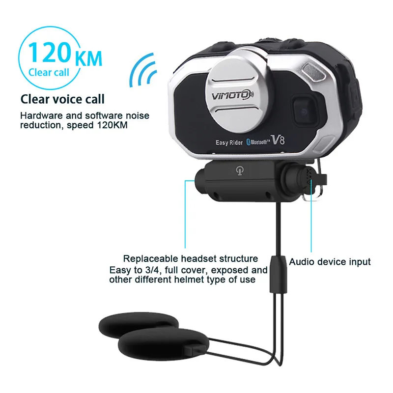 Easy Rider Vimoto V8 Capacete de motocicleta fone de ouvido interfone multifuncional compatível com Bluetooth