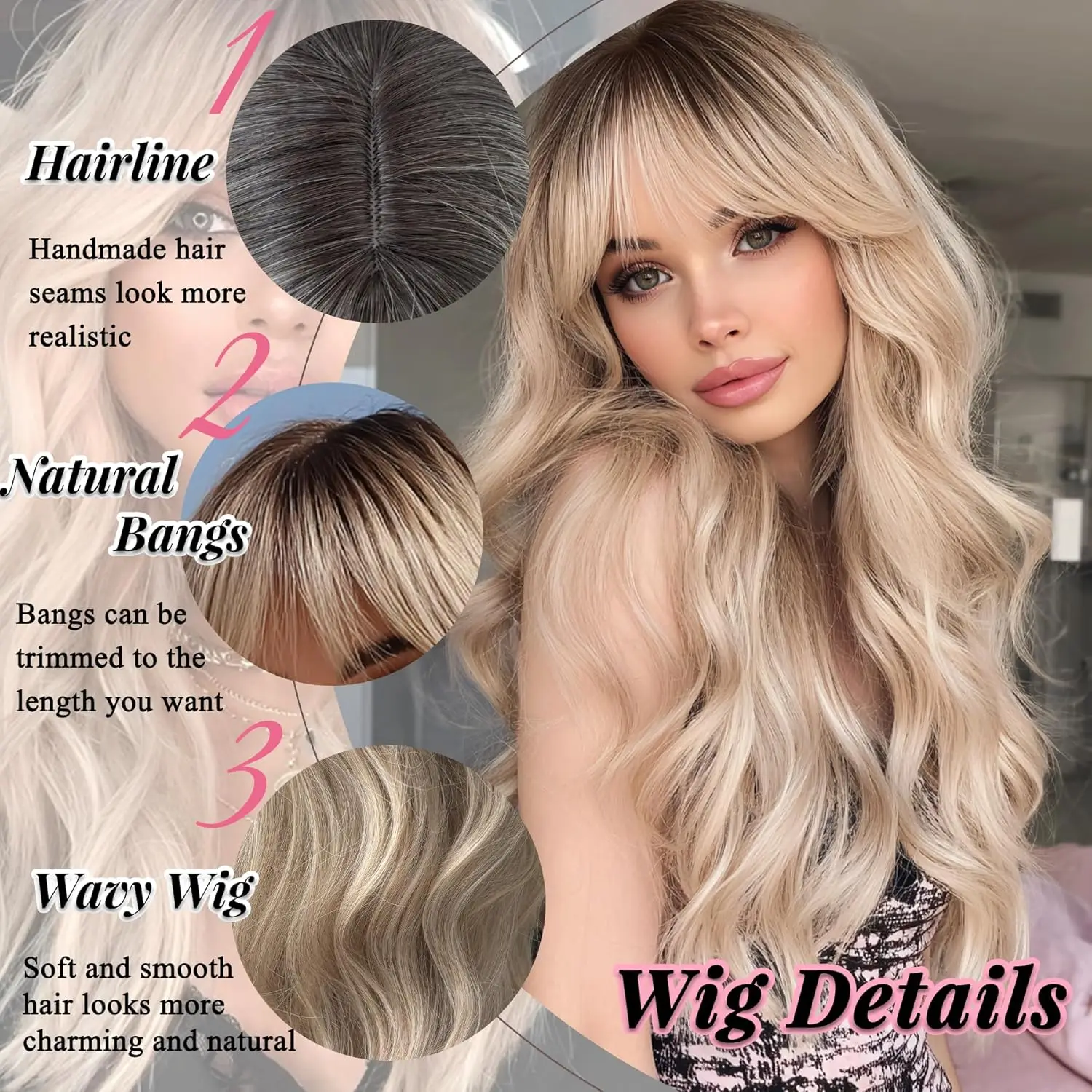 Ombre Blonde Perücke mit Pony, lange gewellte Perücke, platinblonde Perücken für Frauen mit dunklen Wurzeln, natürliche synthetische Perücken, lockiges Haar