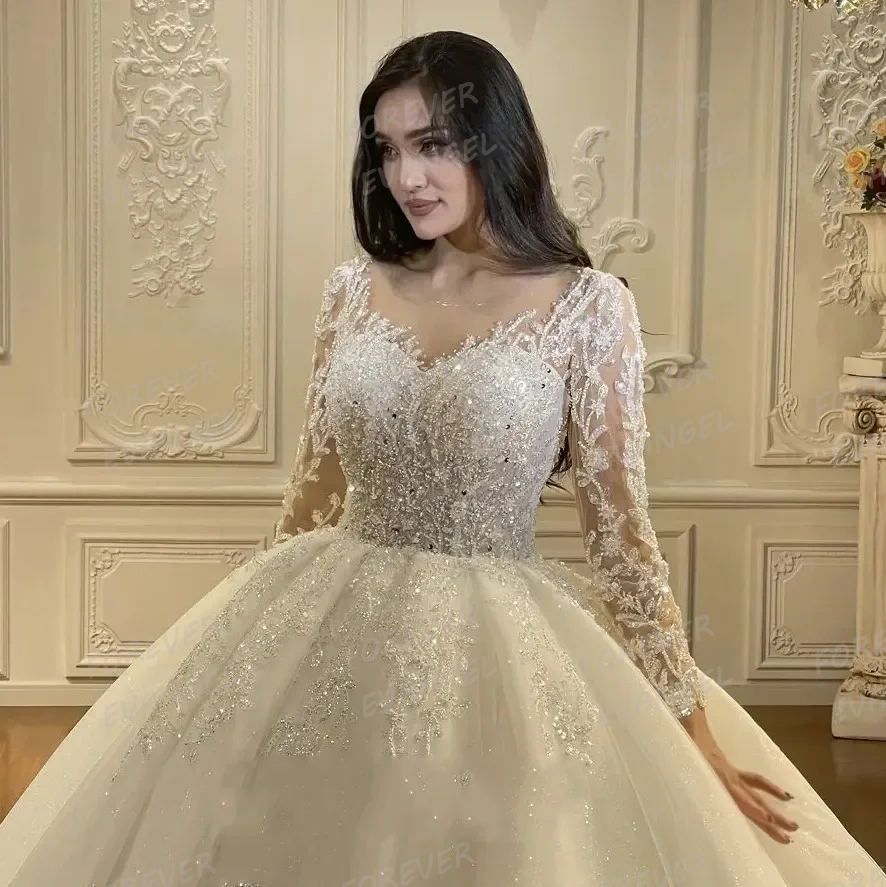 Abiti da sposa con applicazioni di lusso Abiti da sposa a-line da donna sexy da principessa a maniche lunghe con scollo a cuore Abiti da sposa personalizzati