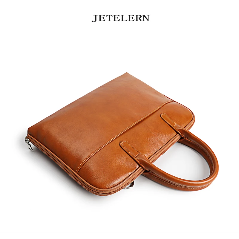 New Genuine Leather Women Handbag First Layer Cowhide Briefcase Thin Layer 14 Inch Computer Bag Portable Shoulder Work Bags