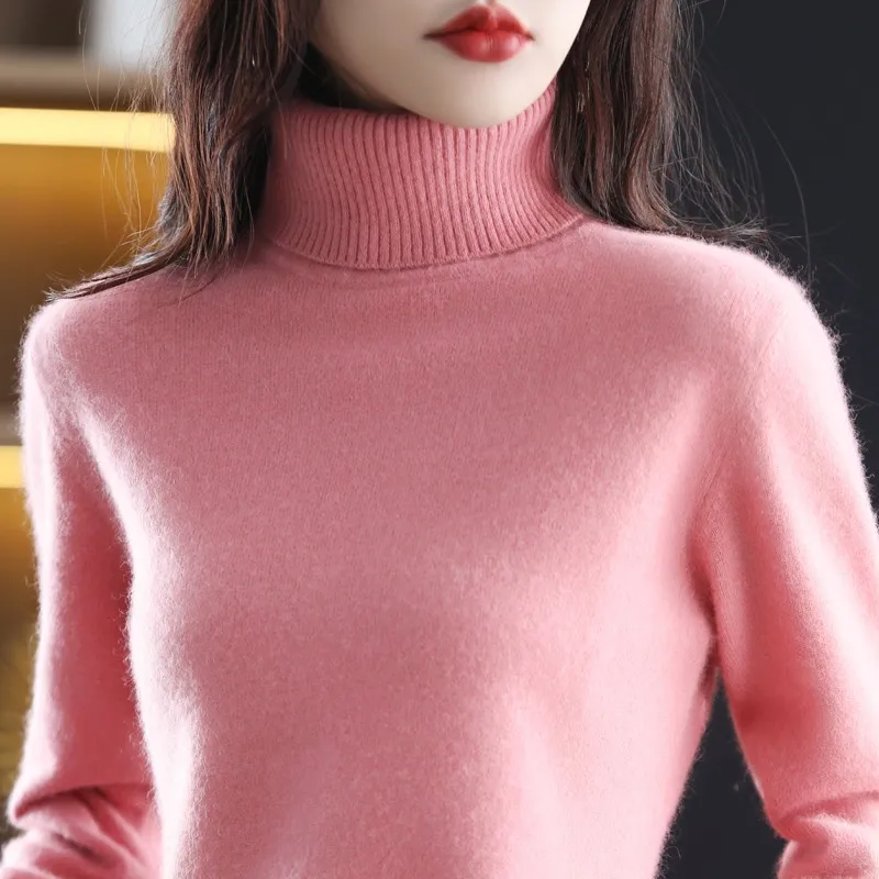 สเวตเตอร์ขนมิงค์แคชเมียร์สำหรับผู้หญิง100% ใหม่2023คอสูงถักแบบสวมหัวเสื้อให้ความอบอุ่นสำหรับ MODE Korea ฤดูใบไม้ร่วงและฤดูหนาว