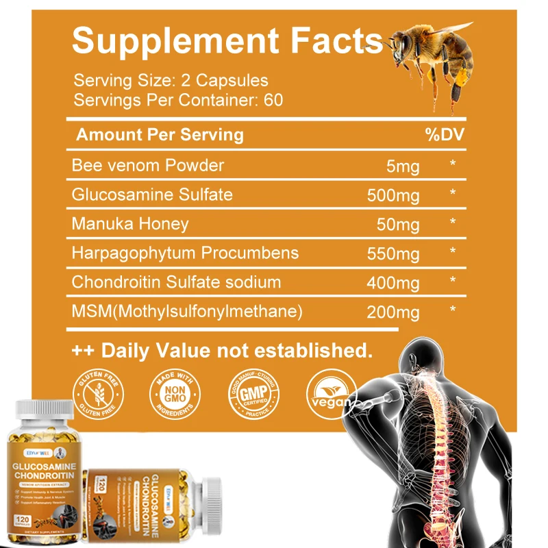 ByurWill Glucosamine Chondroitin Bee Venom Extract Capsules for Relieve Joint & Knee Pain Relieve Discomfort of Bones and Joint