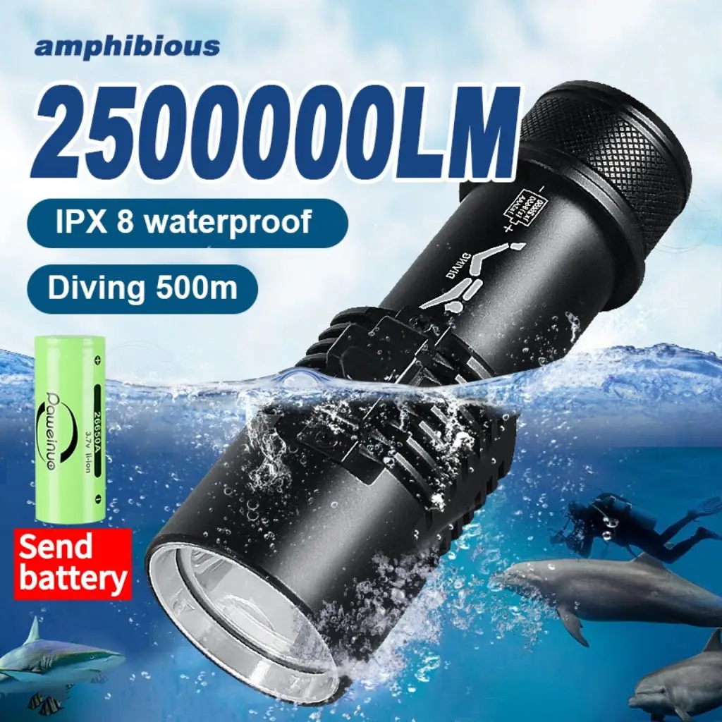 Linterna de buceo con carga de luz fuerte XHP70, linterna larga de enfoque, iluminación sumergible impermeable de plástico por la noche