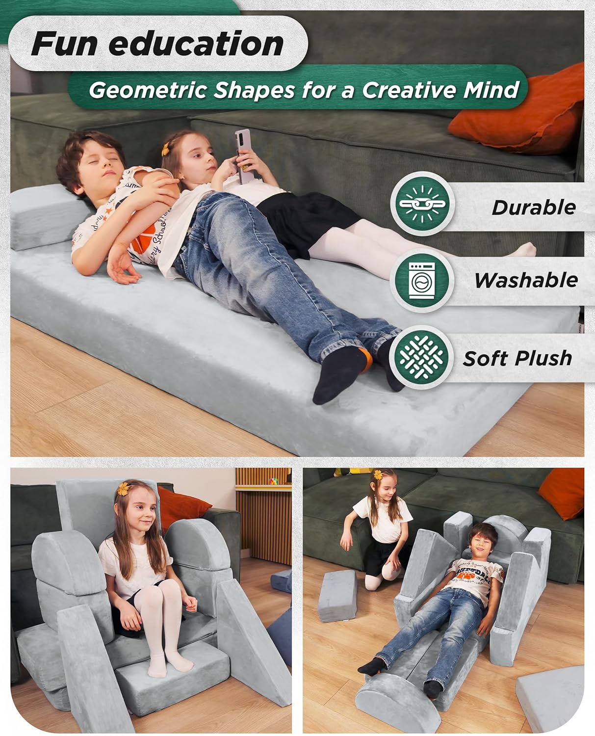 11pcs Modular Kids Play Couch, Child Sectional Sofa, Fortplay Bedroom and Playroom Furniture for Toddlers, Convertible Foam