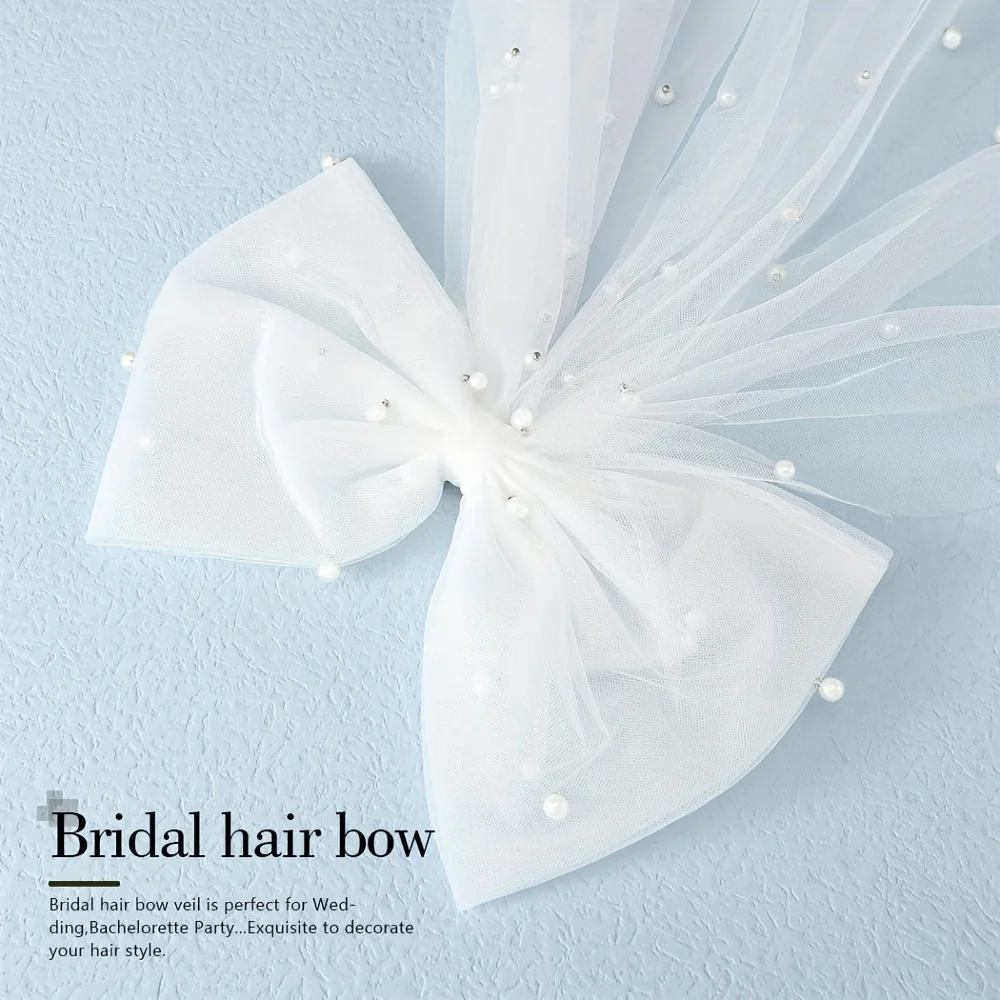 Véu de noiva elegante com imitação de pérolas, acessórios de casamento com clipe de tule branco