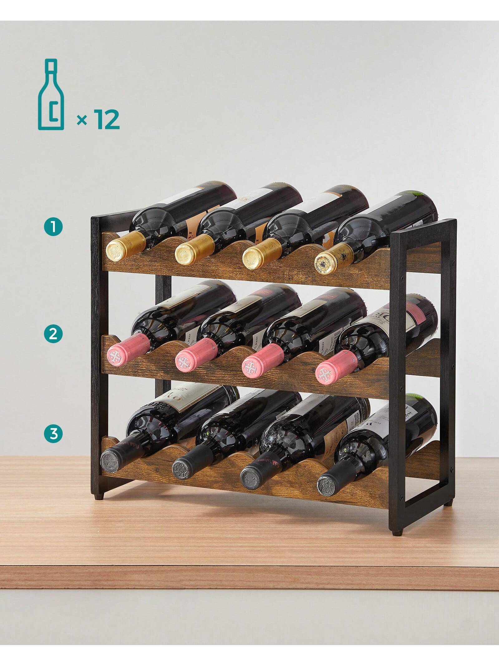 SONGMICS 3-Tier Bamboo Wine Rack for 12 Bottles, Countertop Storage Shelf, Home Bar Display, Kitchen, Dining, Pantry, Cupboard