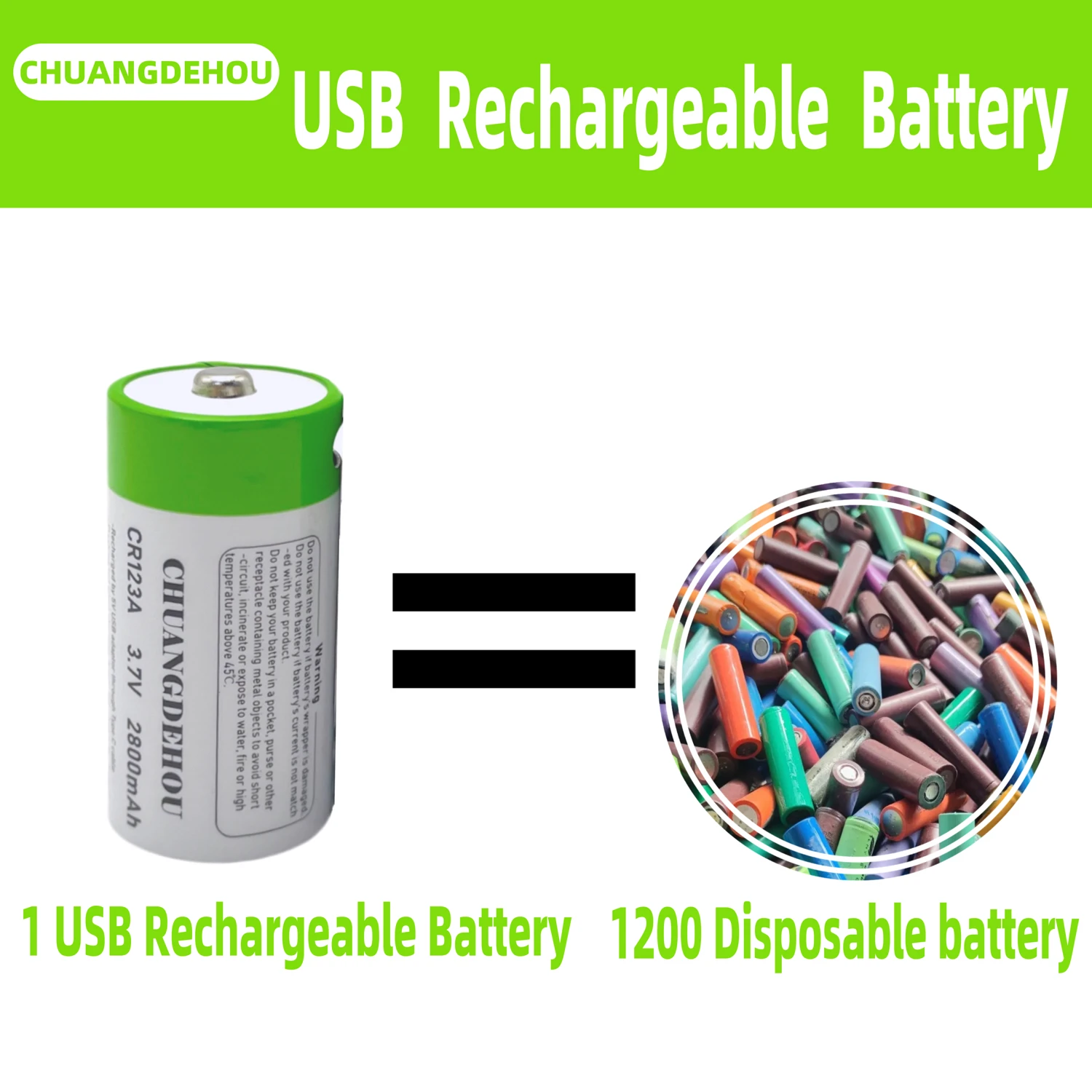 Cr123A Lithium Battery 3.7V 2800Mah Large Capacity Usb-C Fast Charge Green and White Environmentally Friendly Design Rechargeable Battery Suitable for Cameras/Flight Safe and Leak-Proof Long Battery Life and Durable