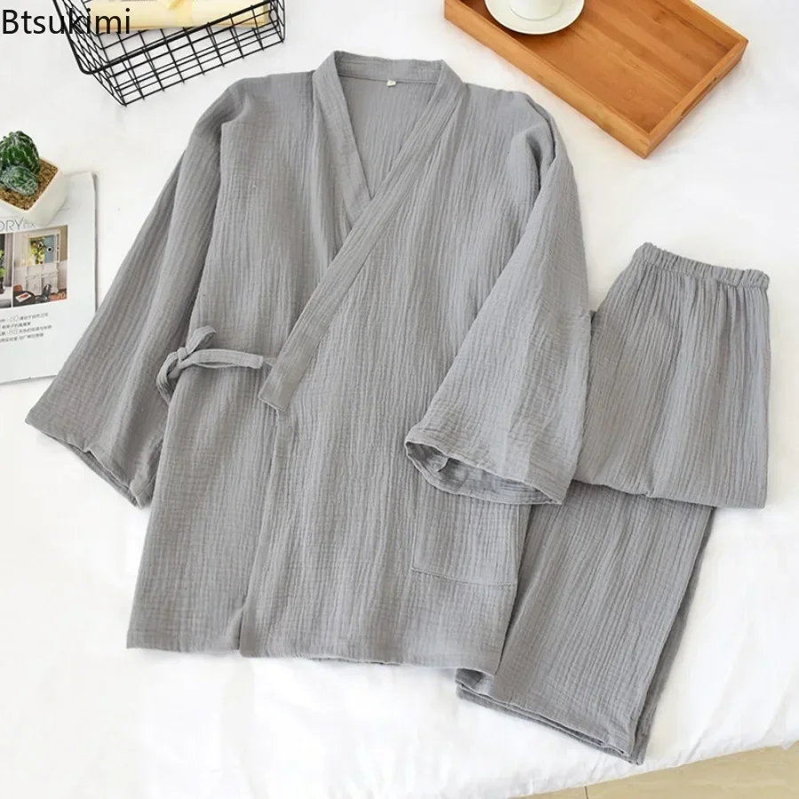 2025 Kimono japonés, pijamas lisos para hombre, dos piezas, tela crepé de algodón Simple, Tops con cordones de talla grande, pantalones, conjuntos de servicio doméstico