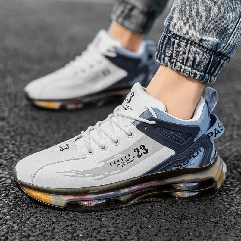 Sepatu Sneaker kasual pria, sepatu kets olahraga, sepatu basket pria, tren, Sneaker asli, sepatu lari pria High Top
