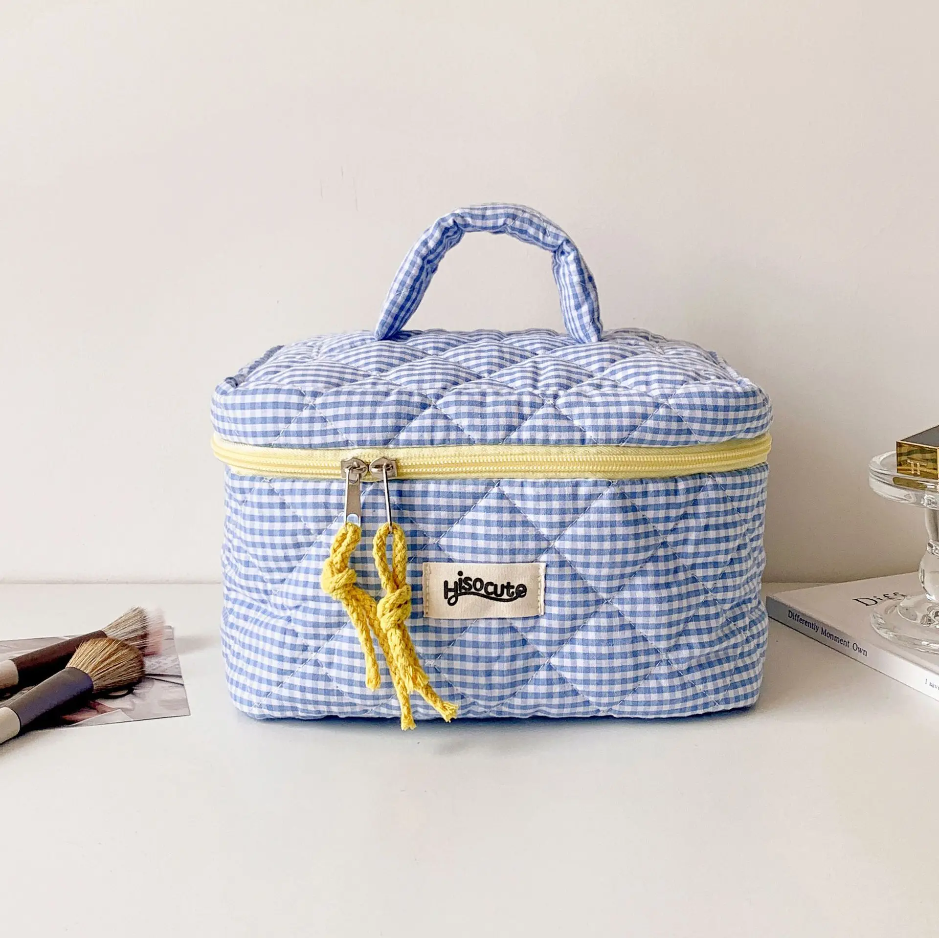 Conjunto de bolsa de cosméticos a cuadros, bolsa de almacenamiento de herramientas cosméticas portátil de gran capacidad de estilo Simple para el hogar, bolsa de aseo para el baño