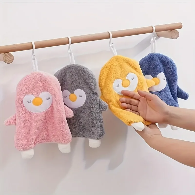 Lovely Household Coral Velvet Penguin Hand Towel Toilet Kitchen Can Hang Thickened Water Absorbent Washable