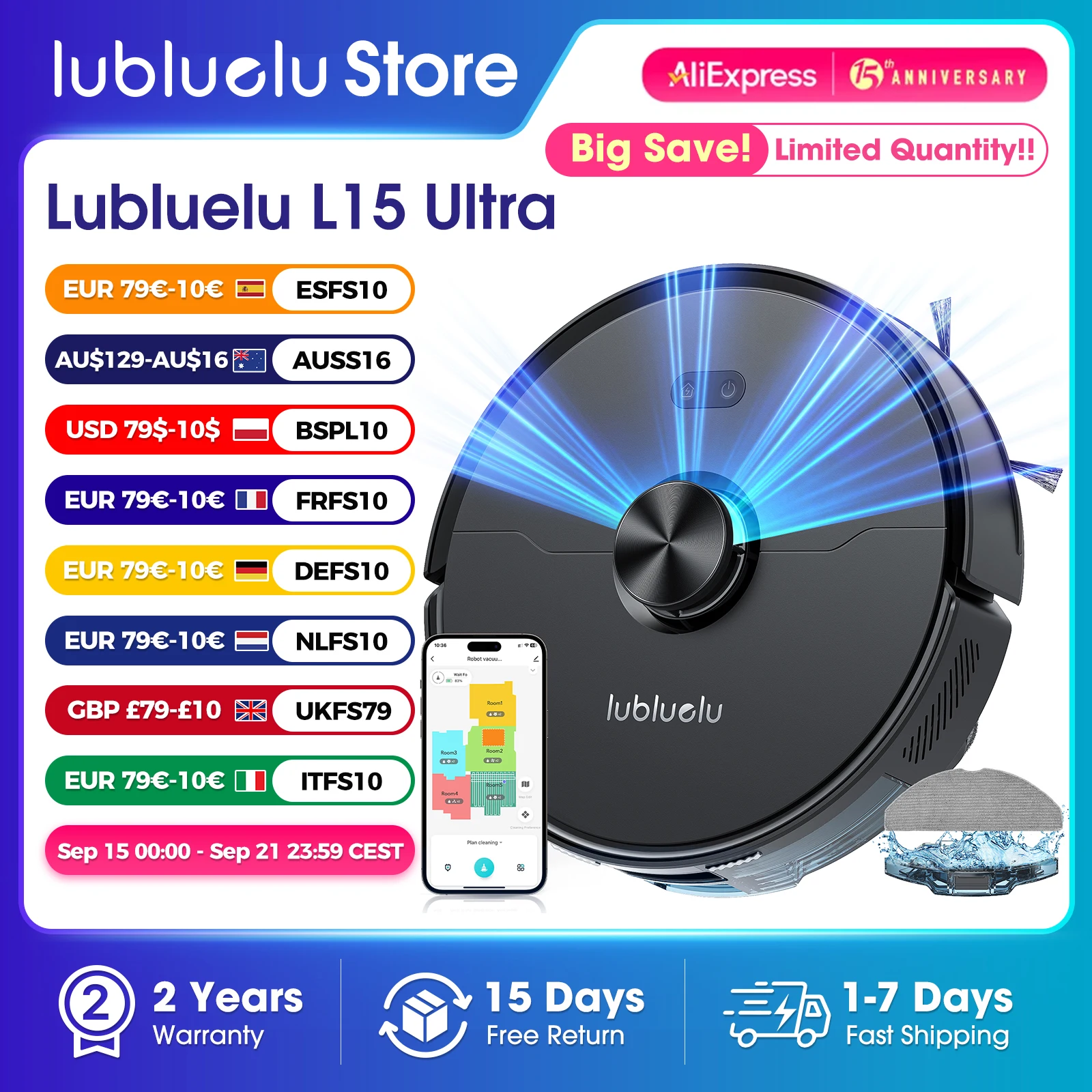 Lubluelu L15 Ultra Roboter-Staubsauger- und Wisch-Kombination, 5500 Pa, 3-in-1-Roboter-Staubsauger, Roboter-Staubsauger, automatische Aufladung, 5 Karten, 24 Keine Zonen
