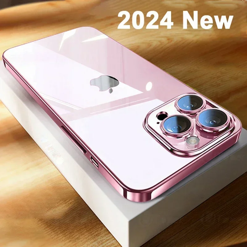 Funda de teléfono transparente chapada de alta calidad para iPhone 16 15 14 Plus 11 12 13 Pro Max, protección de lente completa, funda trasera suave de TPU a prueba de golpes