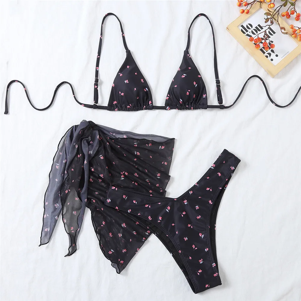 Sexy noir imprimé fleuri vacances maillots De bain String Triangle 3 pièces Bikini ensemble Sexy maillot De bain femmes Biquinis 2025 Bikinis De Mujer