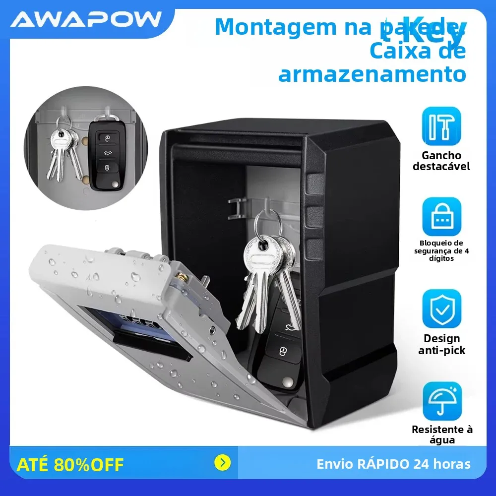 Awapow caixa de chave de senha de metal montada na parede 4 dígitos caixa de armazenamento de bloqueio de senha à prova d'água antirroubo caixa de chave segura de grande capacidade