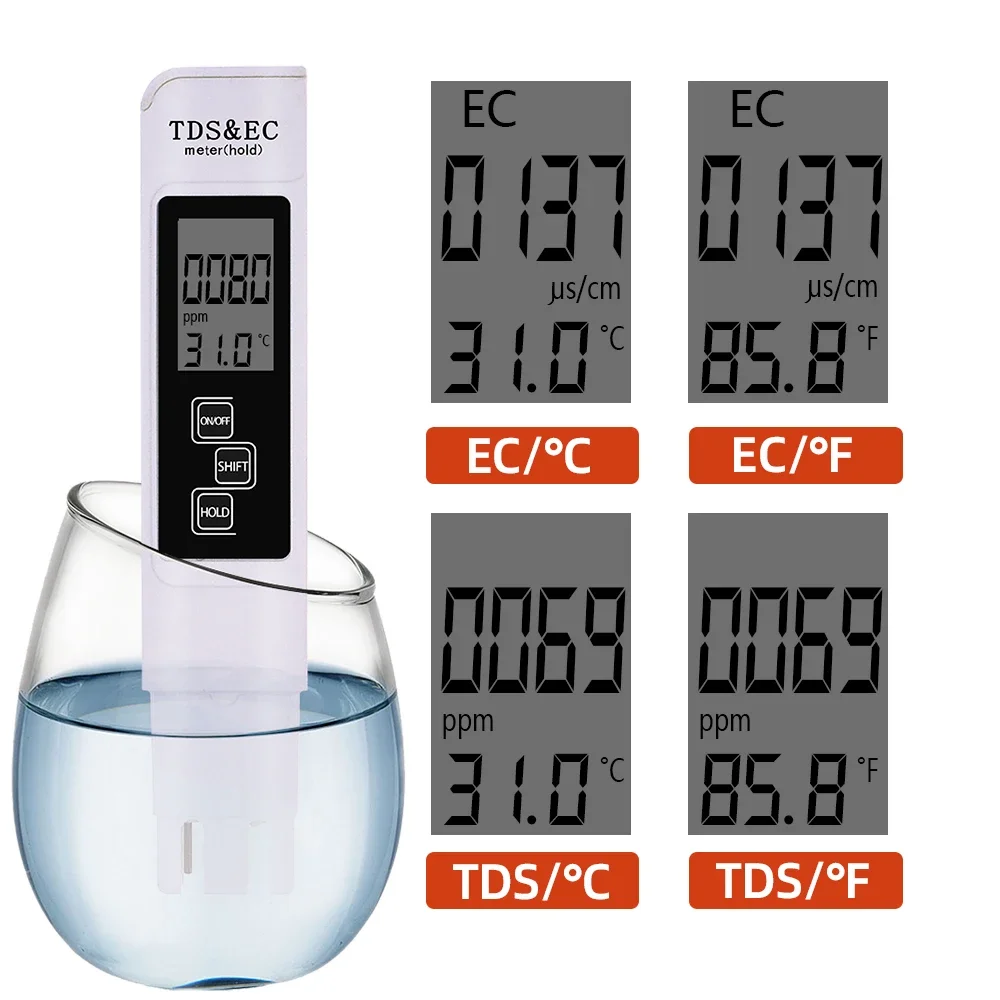 Medidor de PH y TDS Digital, probador de calidad del agua 0-14, medidor de PH 0-9990PPM, TDS y EC LCD, pureza del agua, filtro de acuario PPM