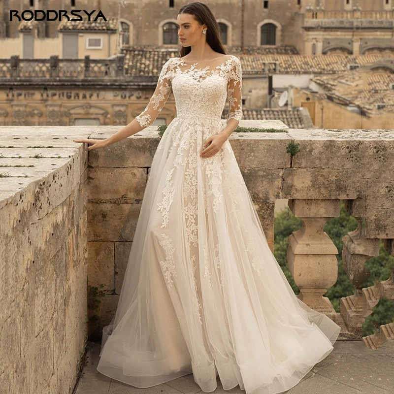 Roddrsya Vintage Brautkleid U-Ausschnitt 3/4 Spitzen ärmel Brautkleider Applikationen Sweep Train Boho Vestidos de Novia angepasstRODDRSYA Vintage Brautkleid U-Ausschnitt 3/4 Spitze Ärmel Brautkleider Applikationen Swe