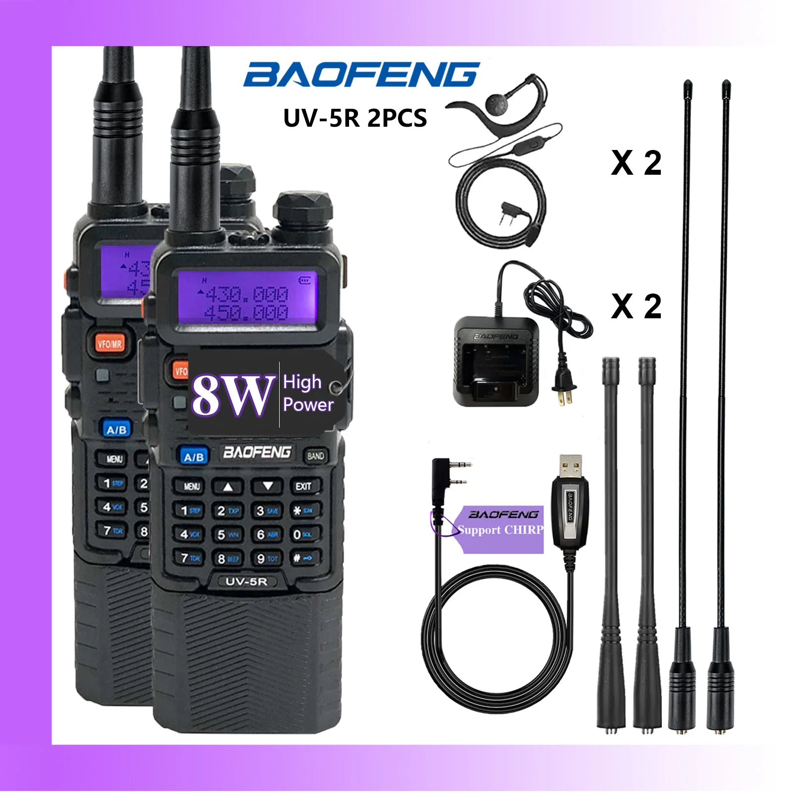 BAOFENG UV-5R 8 W 2er-Pack Dualband-Zweiwegeradio mit großer Reichweite und 3800 mAh Akku FM Handlicher Transceiver Amateurfunk Walkie Talkie