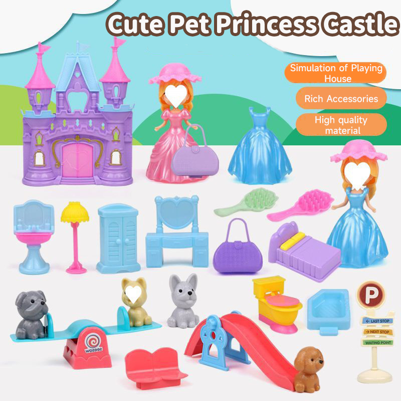 Pet família fingir jogar brinquedo, casa de cachorro, canil, banheira, boneca conjunto, gaiola do cão, mini moda, bonito, moda