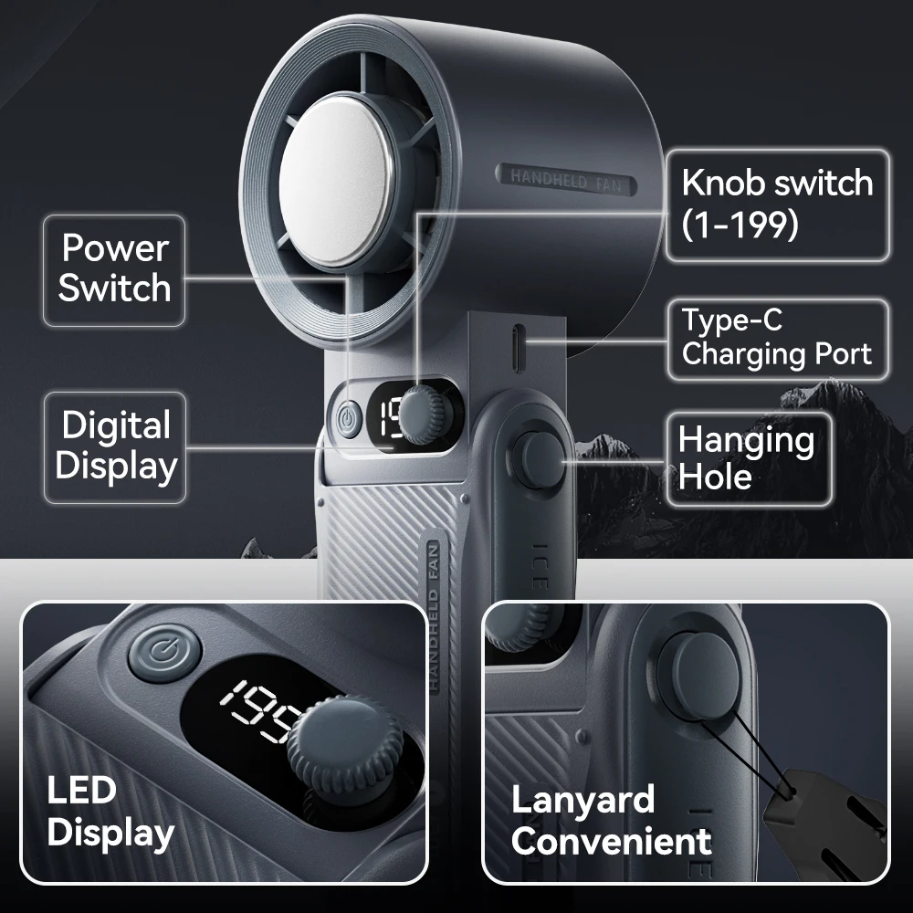 Tragbarer Handventilator, starker Wind, 199 Gänge, Windgeschwindigkeit, LED-Digitalanzeige, verstellbar, Turbo, tragbar, für den Außenbereich, 8000 mAh