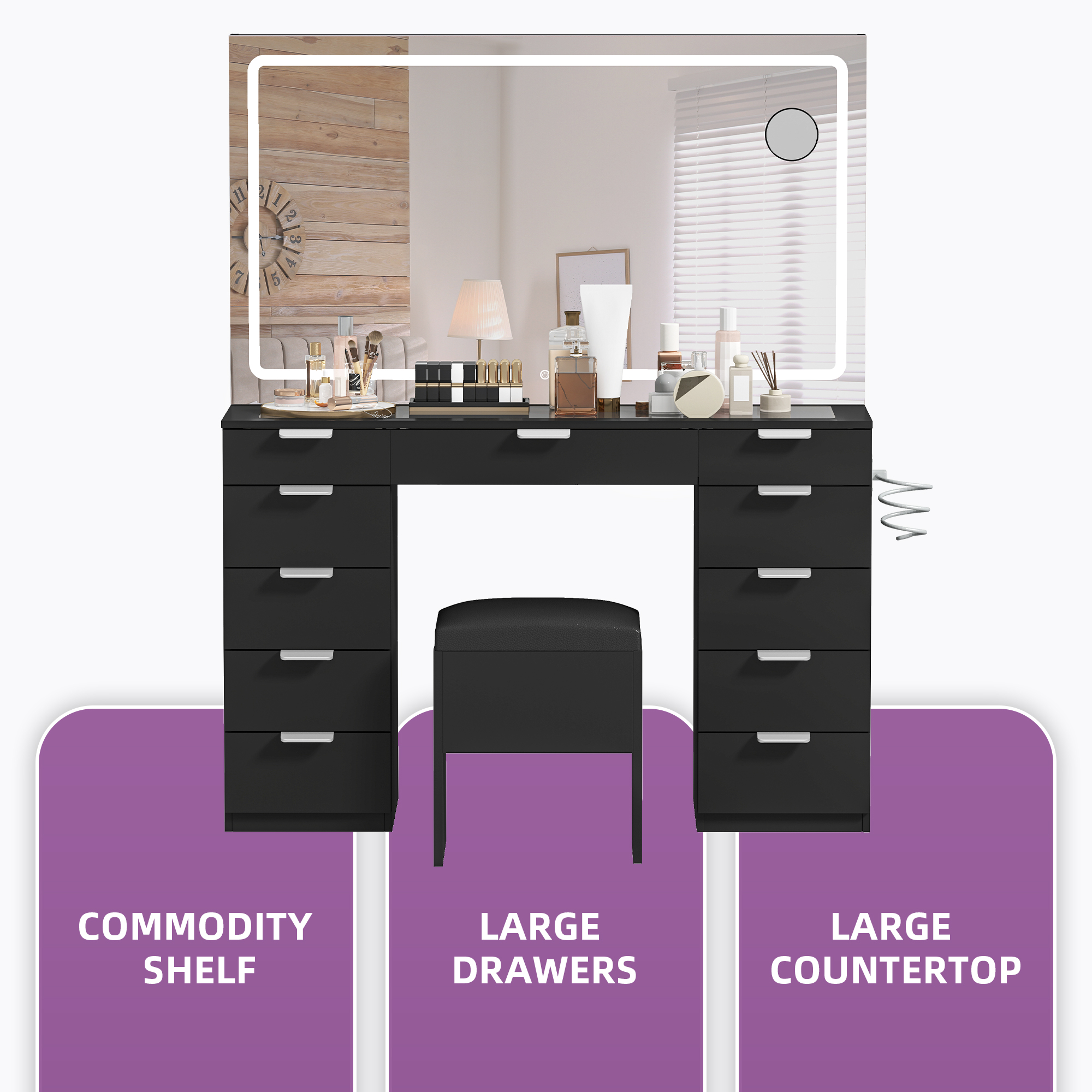 YITAHOME White LED Vanity Table Glass Top Makeup Desk with Large Mirror 11 Storage Drawers and Stool