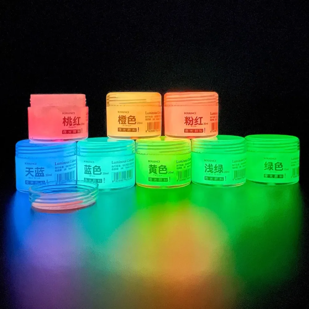 Borrence 20ml Glow In The Dark Acrylic Paint Set 8-Color Hand-Painted Graffiti DIY Fluorescent Pigment Luminous Paint Waterproof