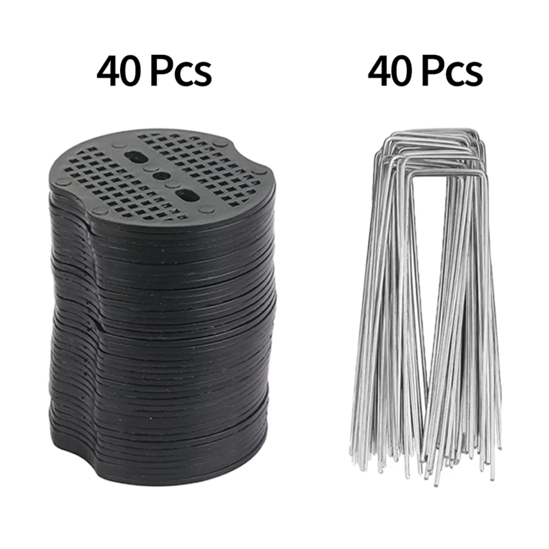 Clavijas de tierra en forma de U con arandelas amortiguadoras, clavijas de jardín para asegurar hierba, paisaje, red de tela, accesorios para césped y jardín, 40/80 Uds.