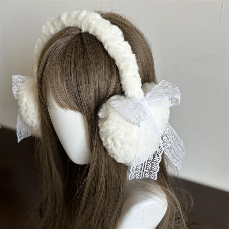 Orejeras japonesas nuevas y bonitas para niña, gorros cálidos de felpa con lazo de encaje para invierno, tapones para los oídos para mujer, protección contra el frío, orejeras de amor